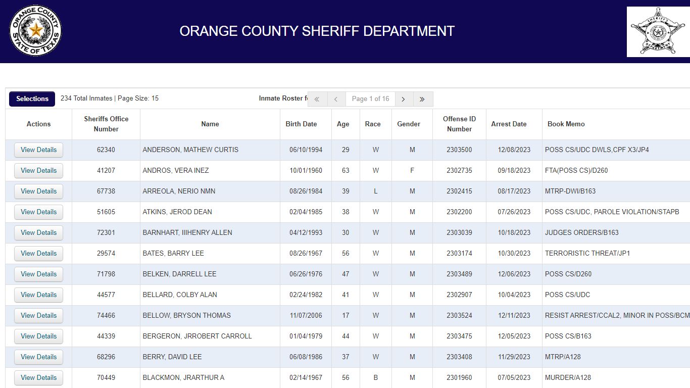 Inmate Roster - Orange County, Texas