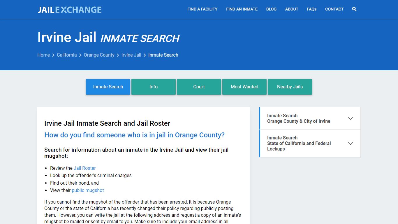 Inmate Search: Roster & Mugshots - Irvine Jail, CA - Jail Exchange